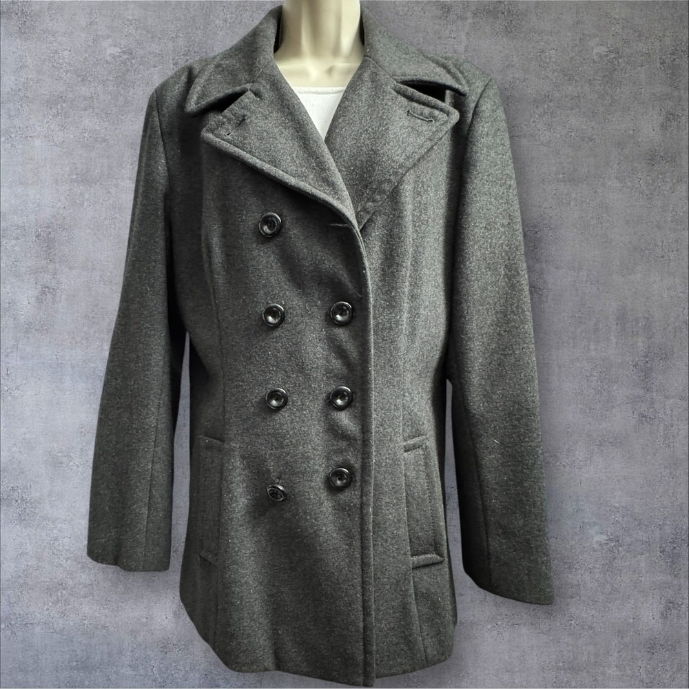 Jones New York Womens 12 Gray Wool Blend Double Breasted Pea Coat Car Coat
